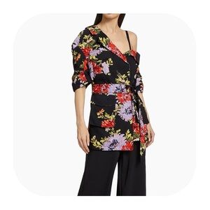 Cinq a Sept size size 8 black floral off shoulder belted blazer